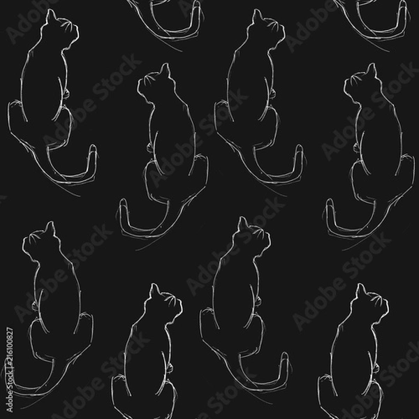 Fototapeta cat sits with his back. kitten. seamless pattern on a black background. sketch silhouette