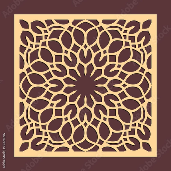 Fototapeta Laser cutting panel. Golden floral pattern. Gift or favor box silhouette ornament. Vector coaster design for metal, wood, paper work.