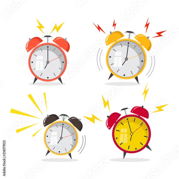 Fototapeta Flat design. Vector icon isolated on background. Cartoon alarm clock ringing. Wake up morning concept.