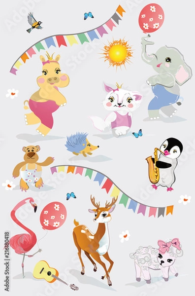 Fototapeta  Vector set with cute funny animals in cartoon style. Giraffe, elephant, hippo, lamb, cat, flamingo etc with umbrellas. 