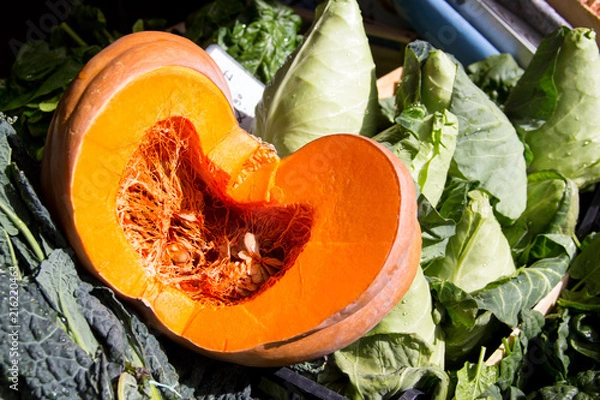 Obraz Cut open pumpkin presentation, beautiful organic food with health benefits and nutritional value