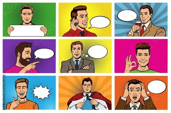 Obraz Komiks mężczyzna wektor pop-art biznesmen postać z kreskówki mówienie bańka mowy lub komiks facet wyrażenie ilustracja mężczyzna zestaw mężczyzn w stylu mody pop-art na tle