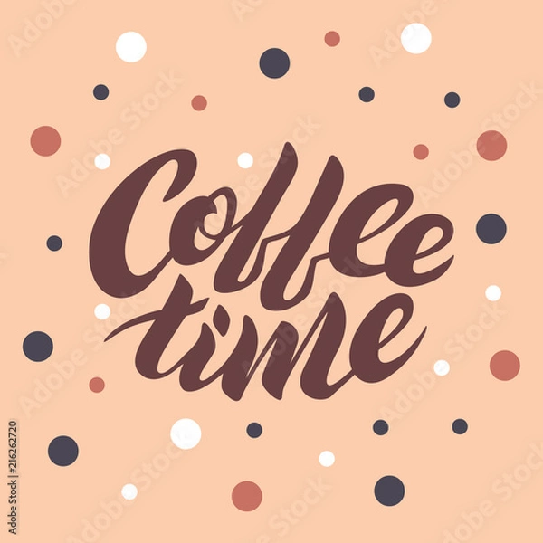 Fototapeta Coffee time lettering on a pink background with dots