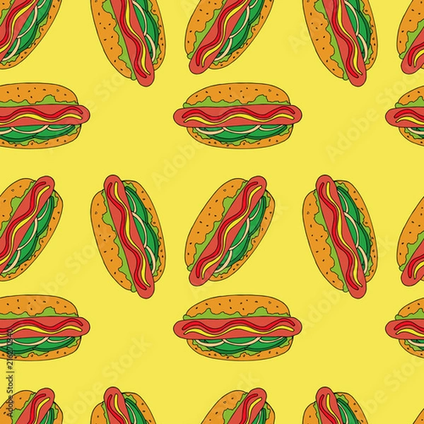 Fototapeta Hotdog seamless pattern. hand drawn illustration. Bright cartoon illustration for card design, menu, fabric and wallpaper.