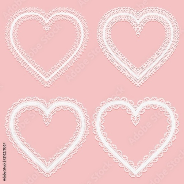 Fototapeta Set of frames of white wide lace ribbons in the shape of a heart.