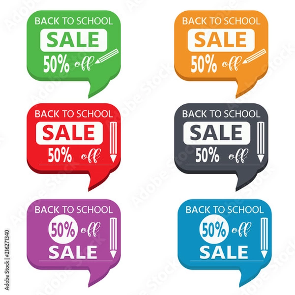 Fototapeta School bright stickers, icons. Back to school sale. Colorful school objects and text.