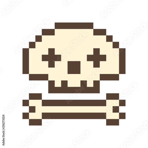 Fototapeta Skull and bone, 16x16 pixel art icon isolated on white background. Retro 80s-90s old school 8 bit slot machine/video game graphics. Pirate emblem. Skeleton sign. Archeology logo. Halloween character.