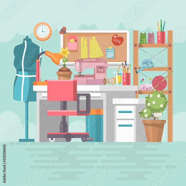 Obraz Workplace seamstresses in modern flat design