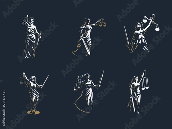Fototapeta The goddess of justice Themis. Set. Vector.