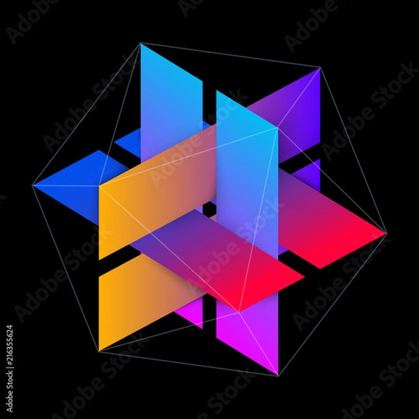 Fototapeta Abstract Interlocking Colorful Rectangles with Hexagonal Lines. Three Dimensional Symbol Design Isolated on Black Background. EPS10 Vector.