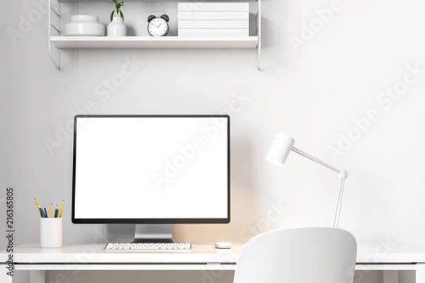 Obraz Mock up computer screen on white table home office