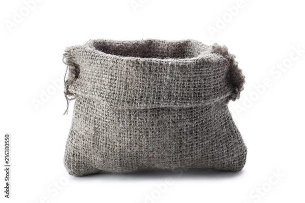 Obraz Grey open burlap sack, isolated on white background