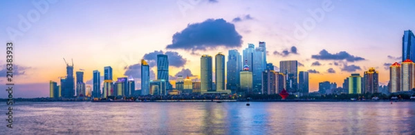 Fototapeta The night scene of modern urban architectural landscape in Qingdao, China