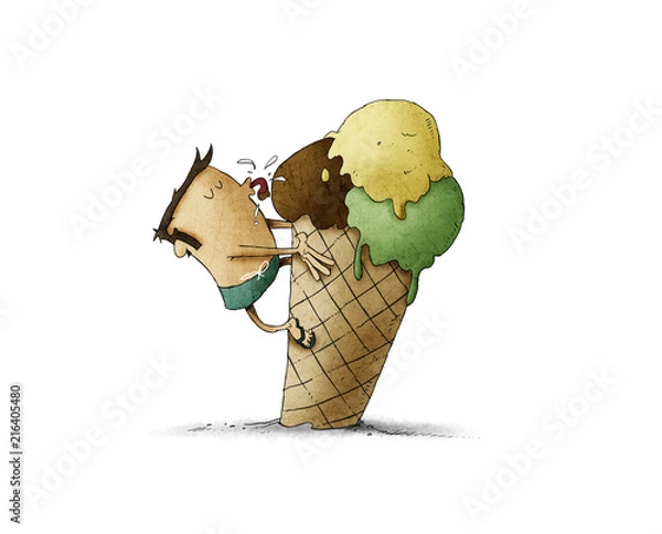 Obraz funny illustration of a man climbed on top of an ice cream and is licking it. isolated