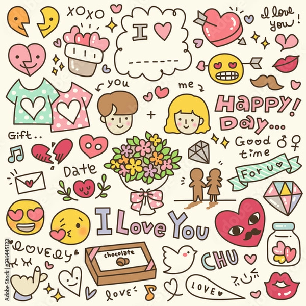 Fototapeta Set of Cute Valentine's Day Doodle. Hand Drawn. Vector Illustration.
