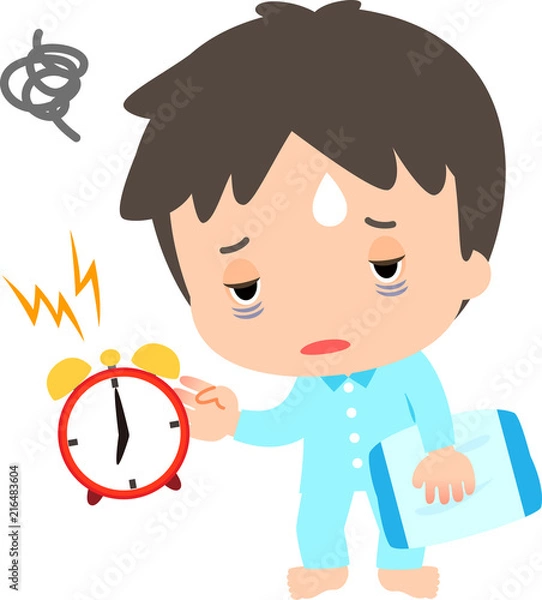 Obraz だるそうな様子で目覚まし時計を止める男性