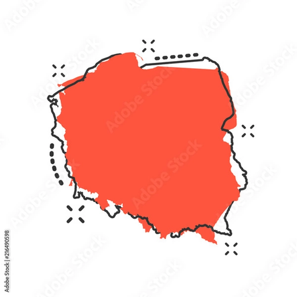 Obraz Vector cartoon Poland map icon in comic style. Poland sign illustration pictogram. Cartography map business splash effect concept.
