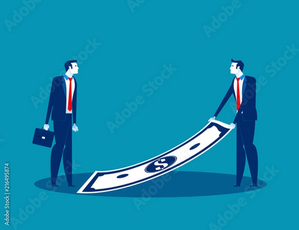 Fototapeta Manager rolling out dollar to new employee. Concept business vector illustration; Banknote and Money; Incentive; currency.