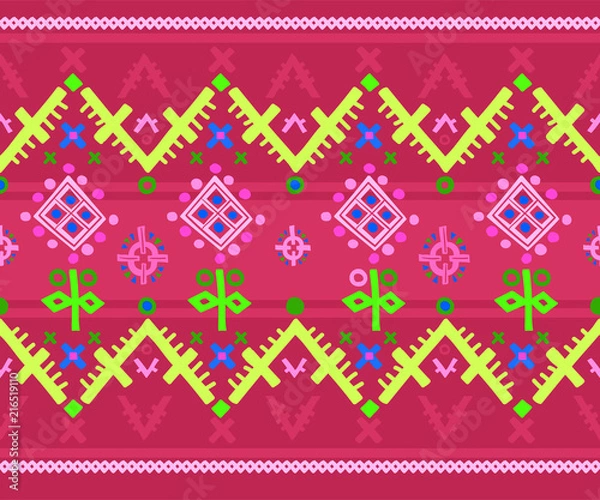 Fototapeta Embroidery seamless pattern in boho chic style. Vector geometric folklore patch for fabric design.