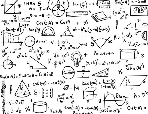 Fototapeta Matematyka i trygonometria ręcznie rysowane formuły i rysunki Tło
