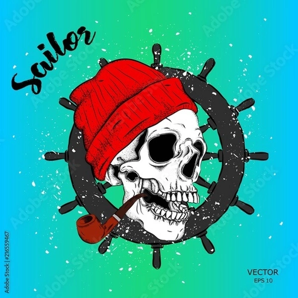 Obraz Portrait of a pirate skull in a hat. Can be used for printing on T-shirts, flyers, etc. Vector illustration