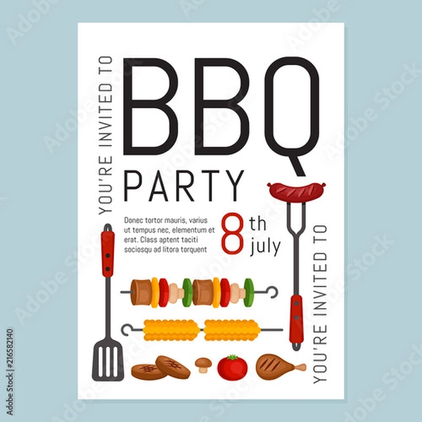 Obraz Bbq party invitation with grill and food. Barbecue poster. Food flyer. Flat style, vector illustration.