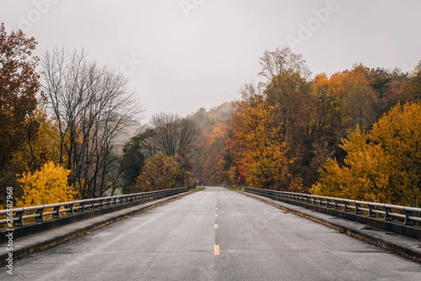 Fototapeta Autumn color and bridge over the James River on the Blue Ridge Parkway, near Big Island, Virginia.