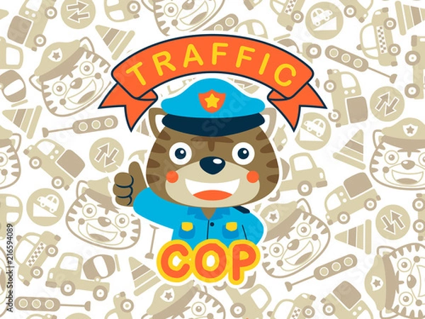 Fototapeta Tiger the funny traffic cop on seamless pattern background, including cars, traffic sign, tiger head.
