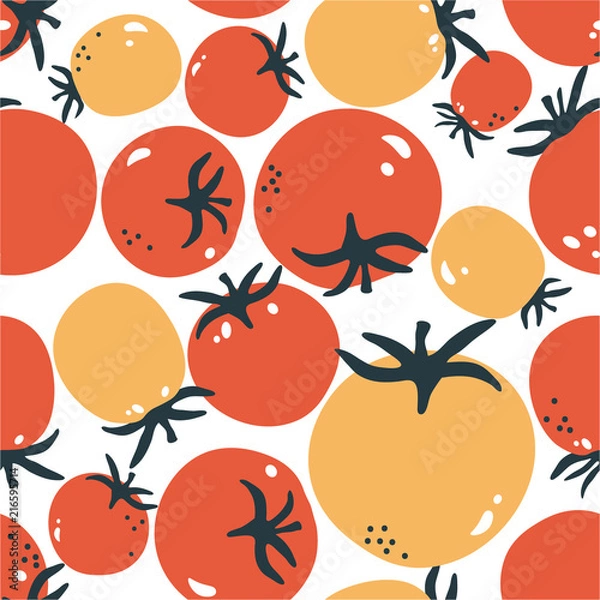 Obraz Fresh tomatoes, hand drawn seamless pattern. Overlapping background, vegetables vector. Colorful illustration with food. Decorative wallpaper, good for printing. Design backdrop, tomato