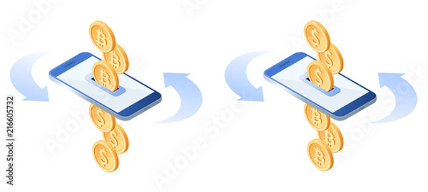 Obraz The exchange of bitcoins to dollars. The currency conversion process. Flat vector isometric illustration of bit coins, metal dollars, smart phone. The mobile banking, money, business, transfer concept