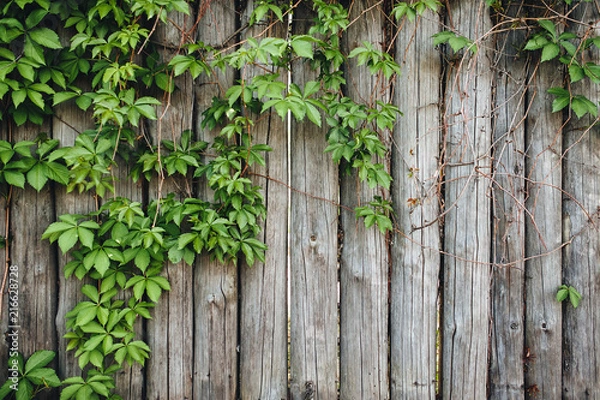 Fototapeta Vintage wooden background with leaves. Ivy grows on wooden boards. Copy space.