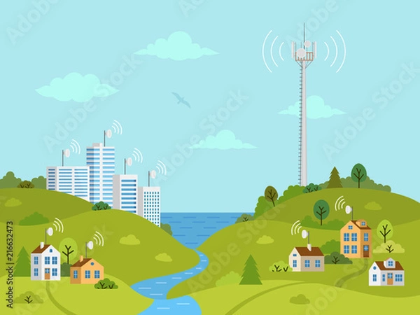 Fototapeta Transmission cellular tower on landscape. Wireless radio signal connection with houses and buildings through obstacles. Mobile communications tower with satellite communication antennas.