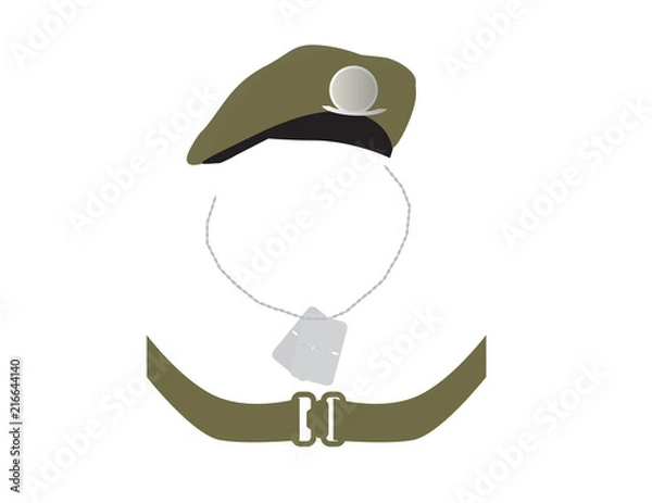 Fototapeta Abstract design with Army elements on white background - Hat, metal indentity tag and belt