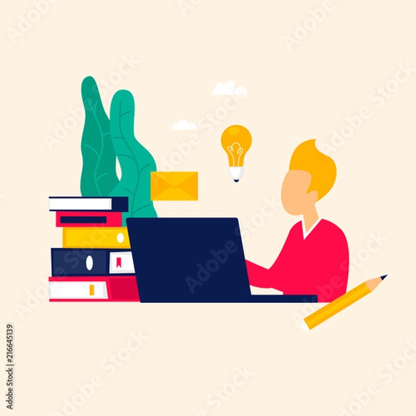 Fototapeta Businessman sitting behind a computer work. Flat style vector illustration.