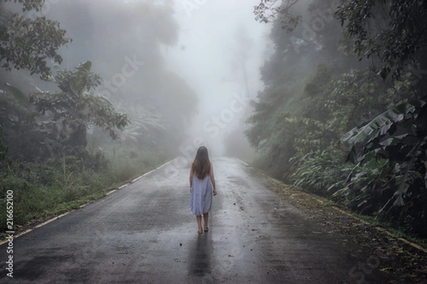 Obraz Back view of young woman walking on the road surrounded dense fog and silhouette of tree in winter.