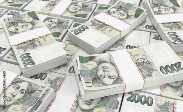 Obraz 3D realistic render of 2000 stack czech crown ceska koruna national money in czech republic. Isolated on white background.