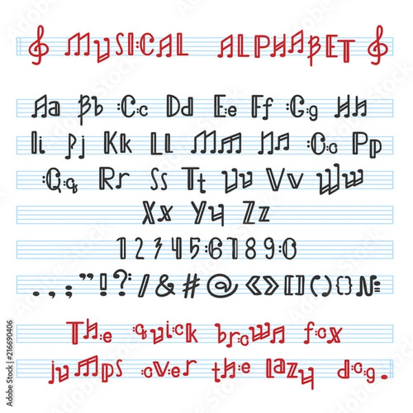 Obraz Alphabet ABC vector musical alphabetical font with music note letters of alphabetic typography illustration alphabetically melody typeset isolated on white background