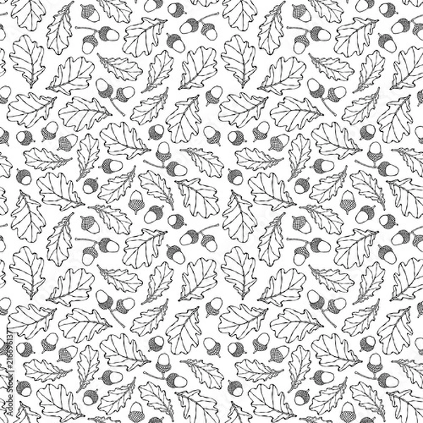 Fototapeta Seamless Endless Pattern of Oak Leaves and Acorns. Green and Yellow. Autumn or Fall Harvest Collection. Realistic Hand Drawn High Quality Vector Illustration. Doodle Style.
