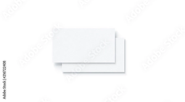 Obraz Blank white two horizontal business cards mock up, isolated, 3d rendering. Empty namecard on each other mockup, top view. Calling papersheet template for company name, phone number, email address.