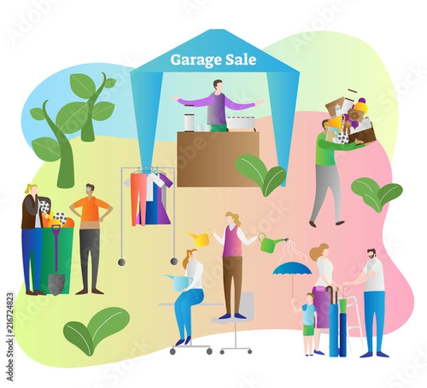 Fototapeta Garage sale vector illustration. Store and shop organize in house yard property to sell old and used items, things and household products. Process to clean your home.