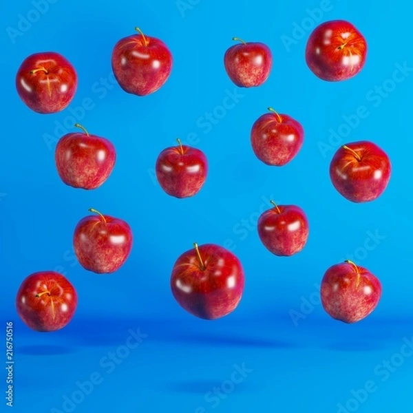 Fototapeta Green Apples Floating on blue background. minimal idea food concept.