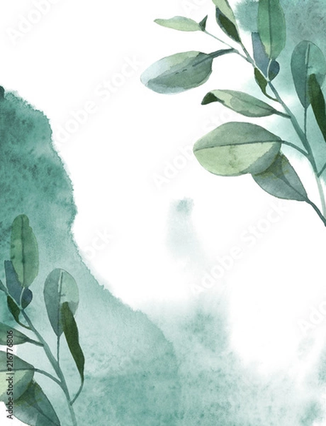 Fototapeta Vertical background of green eucalyptus leaves and green paint splash on white background
