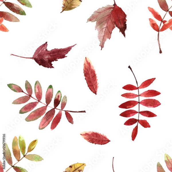 Fototapeta Watercolor pattern with bright autumn leaves.