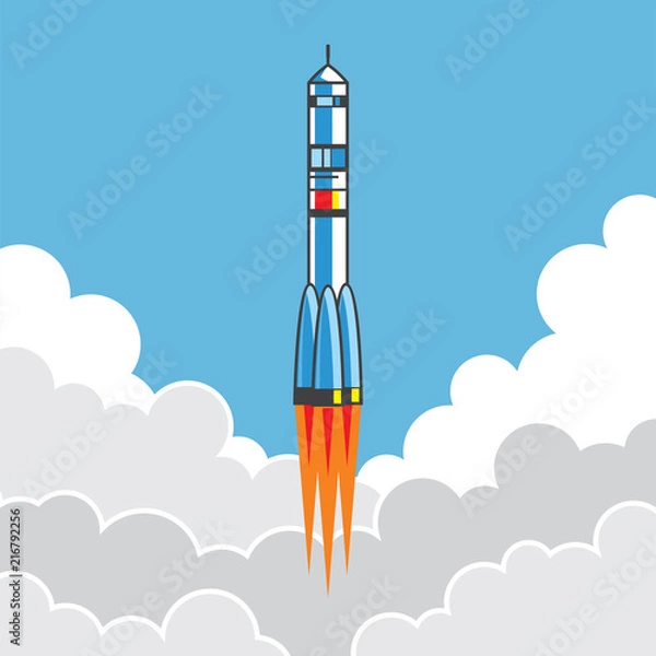 Obraz The rocket flies through clouds up.