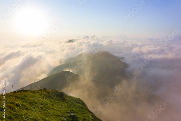 Fototapeta At the top of the mountain at sunset high in the mountains of Sochi, Russia, 08/22/2017

