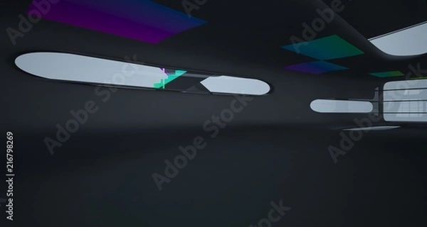 Fototapeta Abstract dynamic interior with black and colored gradient smooth objects. 3D illustration and rendering