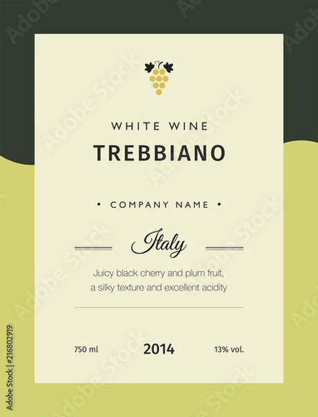 Fototapeta Label for a bottle of wine, glasses and a bunch of grapes. Best quality grape varieties and premium wine brand names labels emblems isolated vector illustration. White wine label Trebbiano.