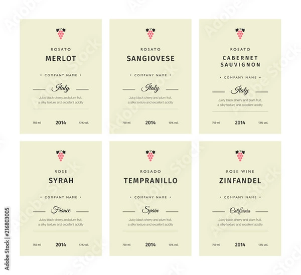 Fototapeta Special collection best quality grape varieties and premium wine brand names labels emblems abstract isolated vector illustration. Rose wine label set.