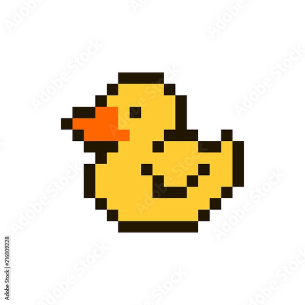 Fototapeta Vector pixel yellow duck isolated on white background. 80s-90s style design illustrations - great for stickers, embroidery, badges. Duck cartoon badge or logotype.