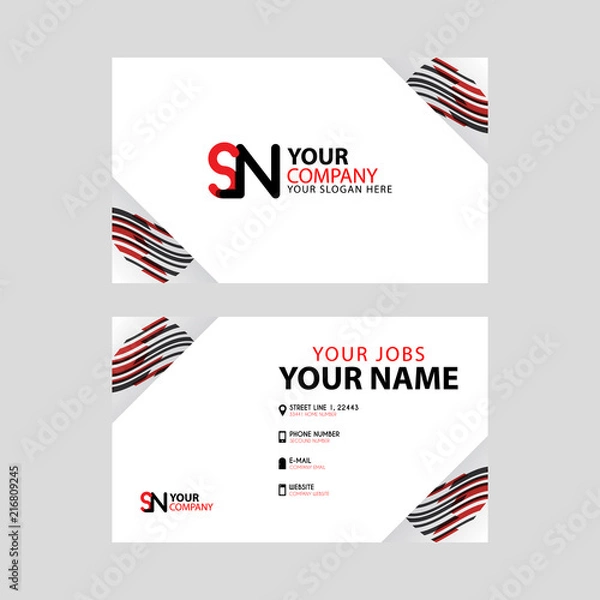 Fototapeta Horizontal name card with decorative accents on the edge and bonus SN logo in black and red.